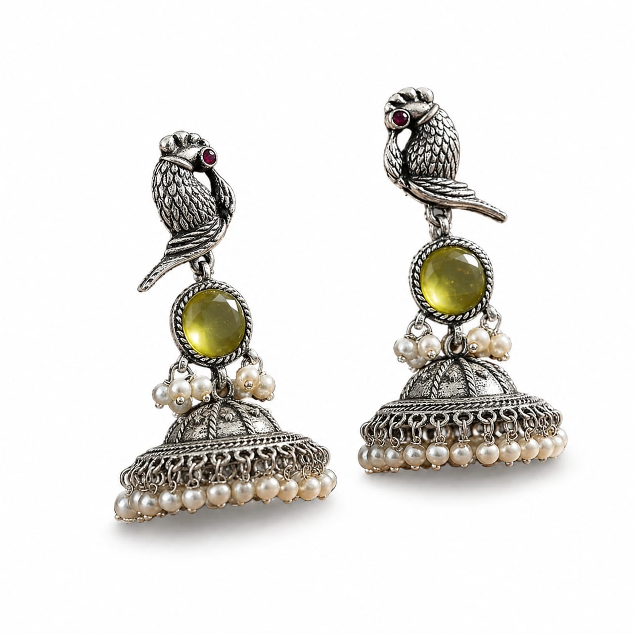 Parrot Oxidised Silver Jhumka Earrings with Green Stone