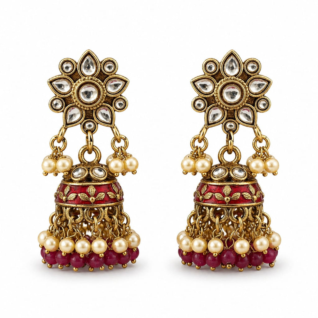 Kundan Meenakari Double Layer Jhumka Earrings with Pearl & Ruby Drops