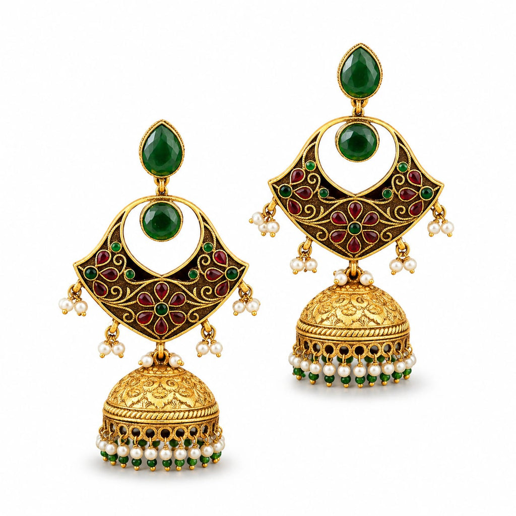 Emerald Green Meenakari Chandbali Jhumka Earrings with Pearl Drops
