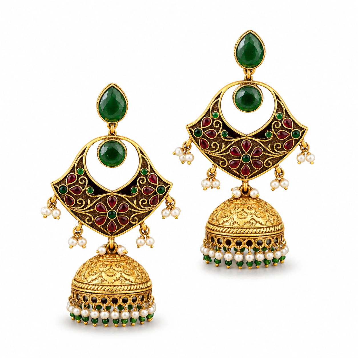 Emerald Green Meenakari Chandbali Jhumka Earrings with Pearl Drops
