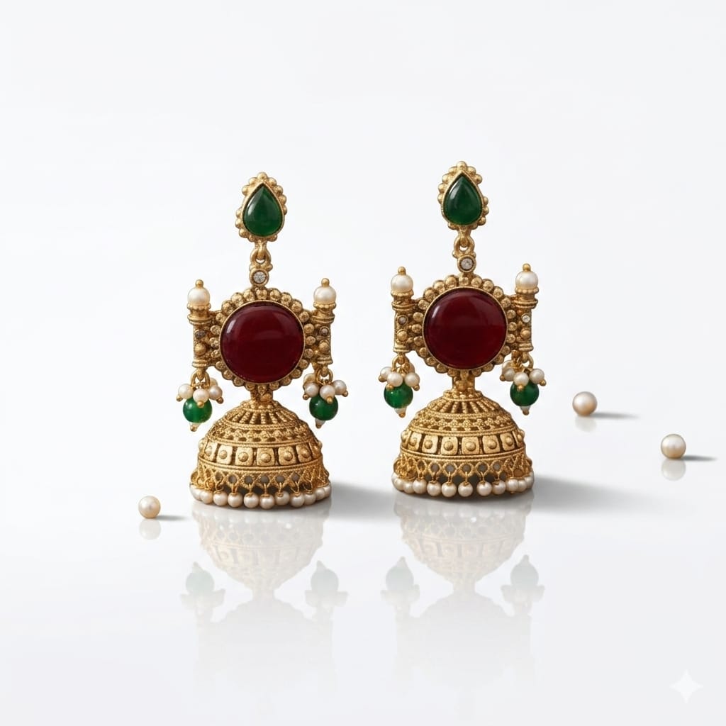 Ruby & Emerald Antique Gold Jhumka Earrings with Pearl Drops