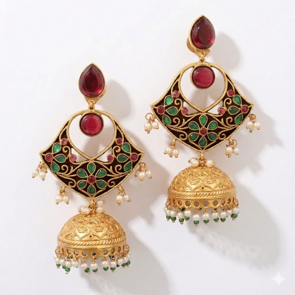 Ruby Red Meenakari Chandbali Jhumka Earrings with Pearl Drops