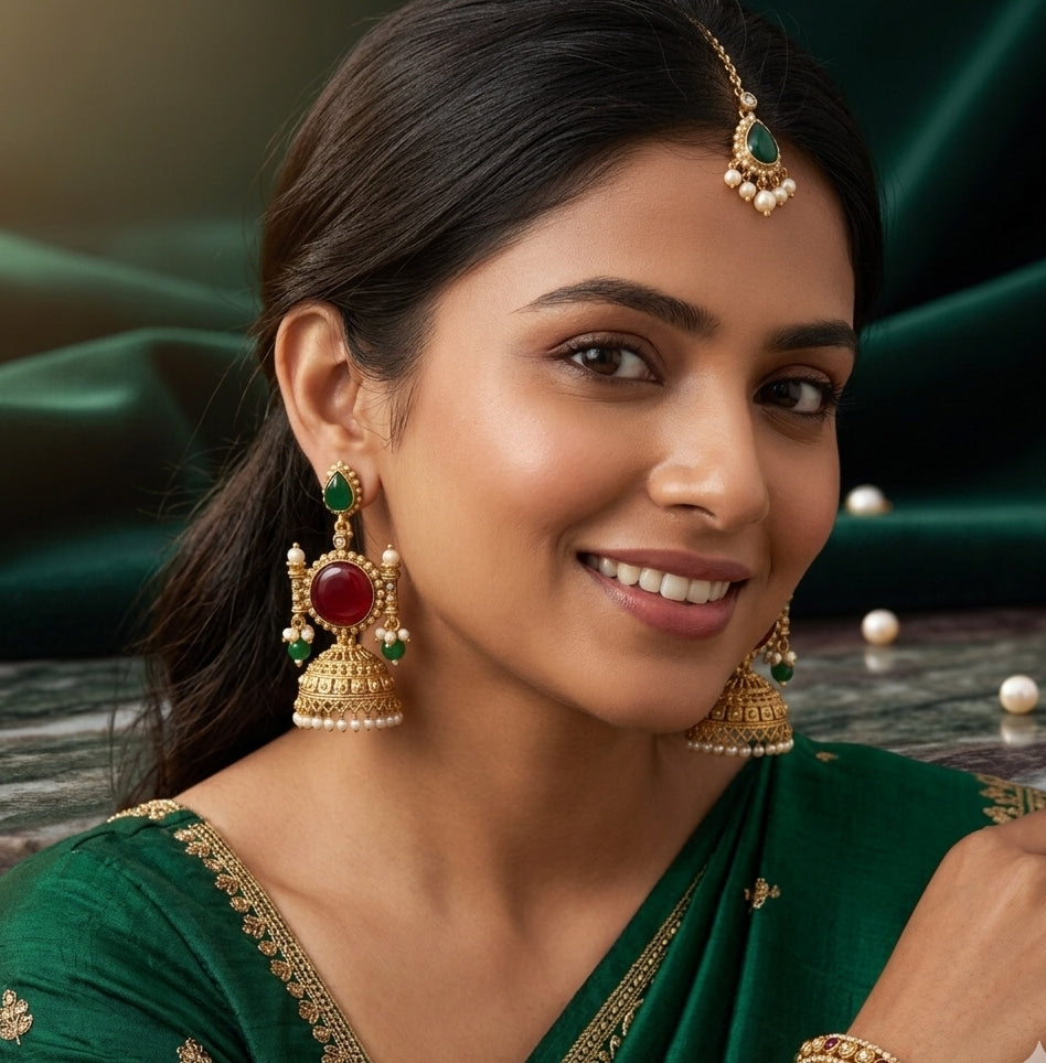 Ruby & Emerald Antique Gold Jhumka Earrings with Pearl Drops