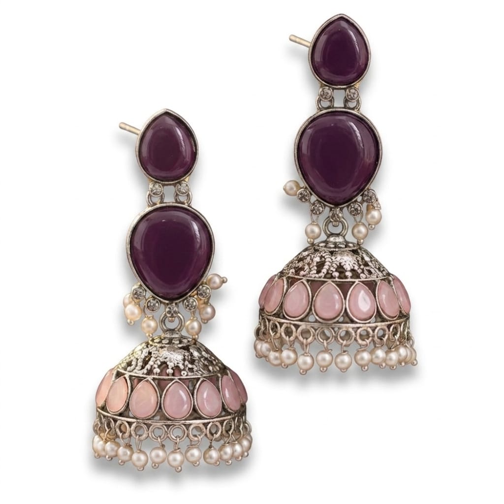 Purple Stone & Pink Jhumka Earrings