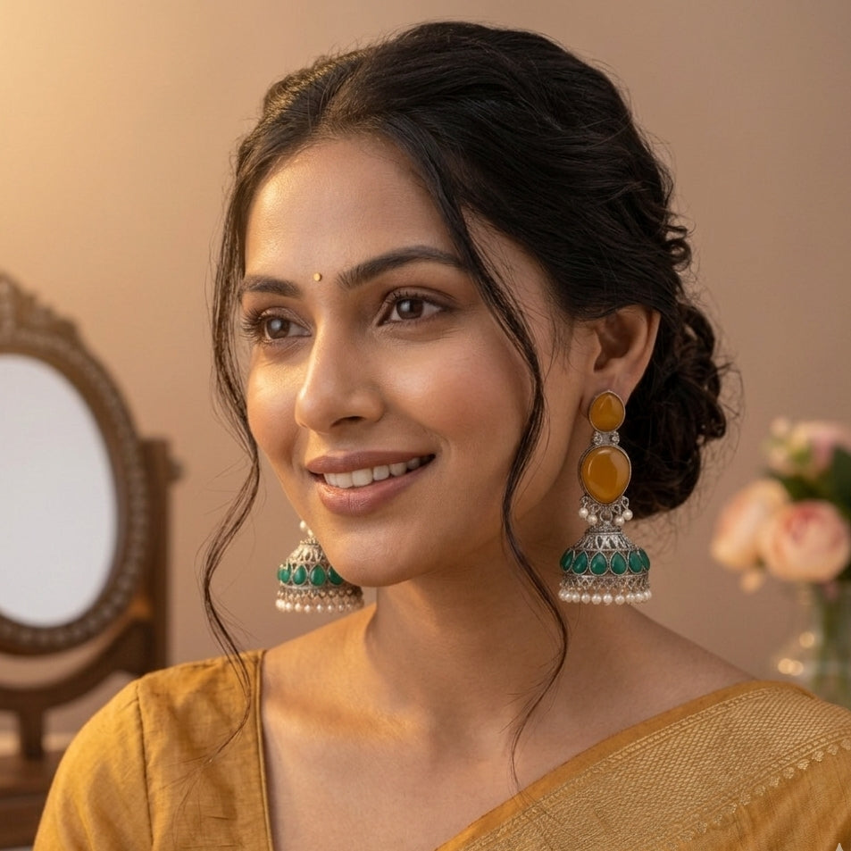 Yellow Stone & Green Jhumka Earrings