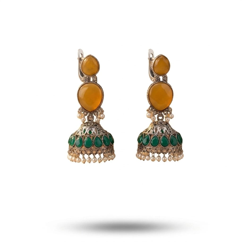 Yellow Stone & Green Jhumka Earrings