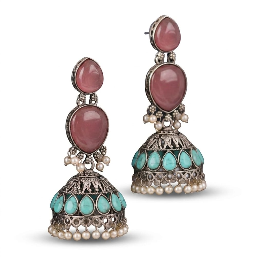 Rose Pink & Turquoise Oxidised Silver Jhumka Earrings with Pearl Drops