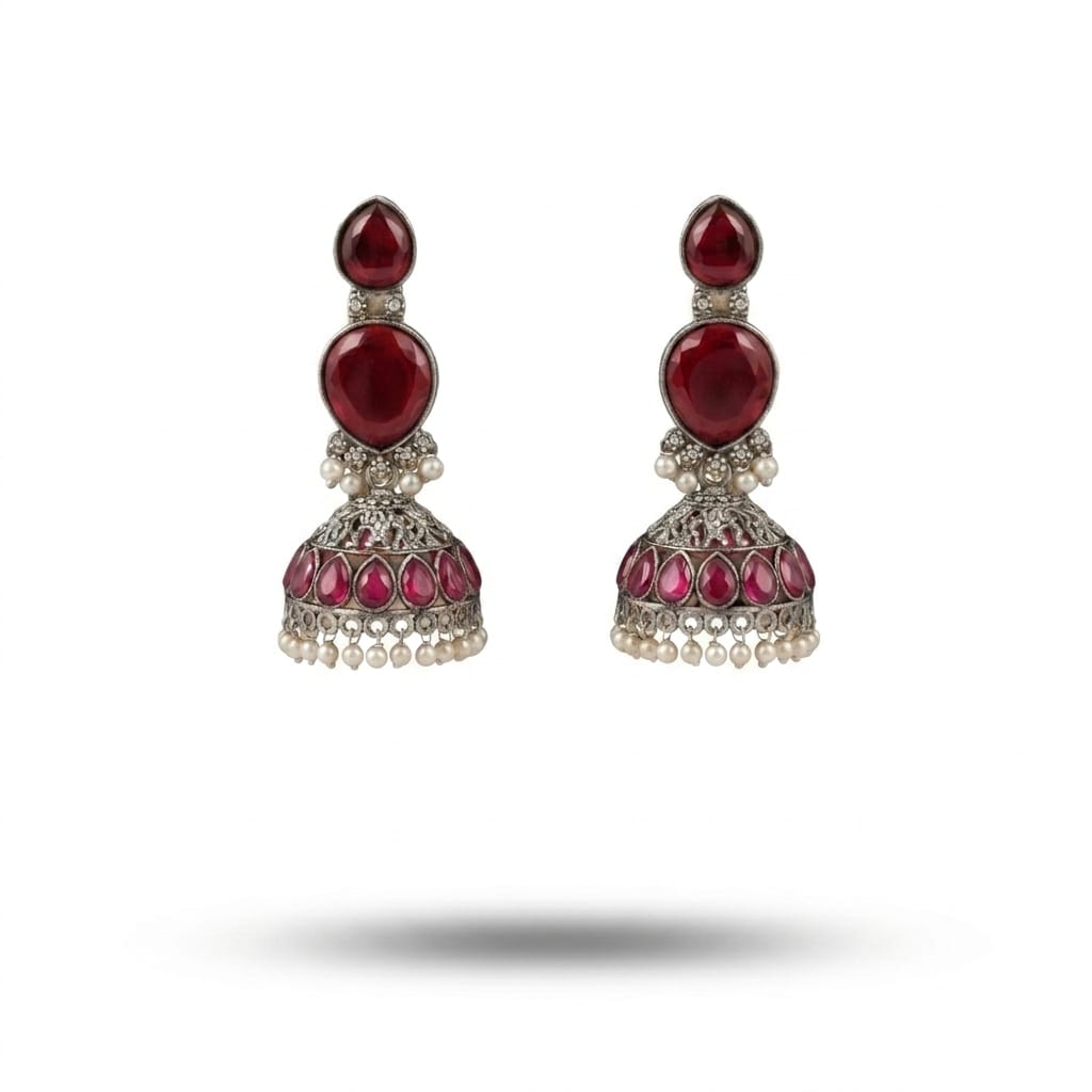 Deep Ruby Oxidised Silver Jhumka Earrings with Pearl Drops