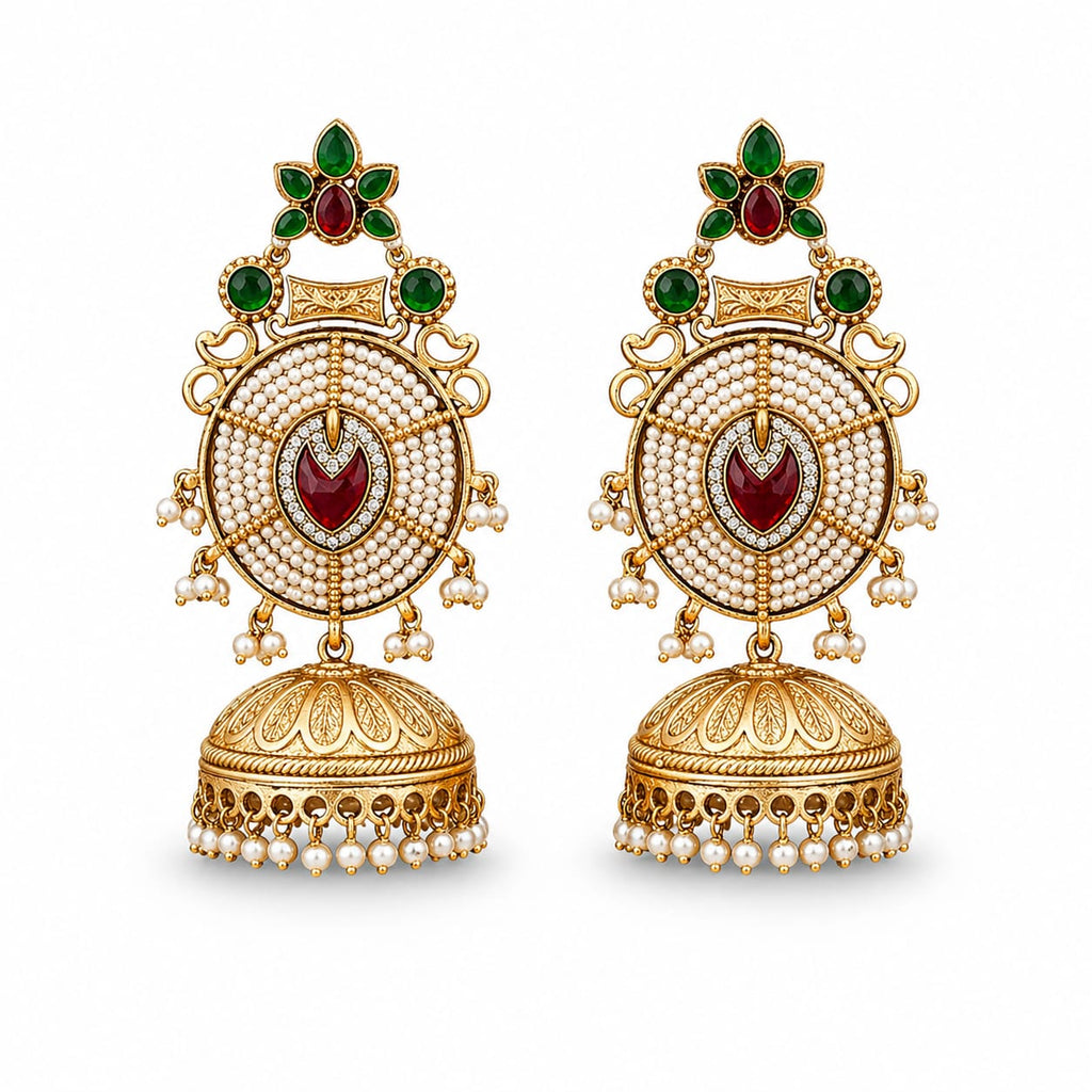Pearl Kundan Chandbali Jhumka Earrings