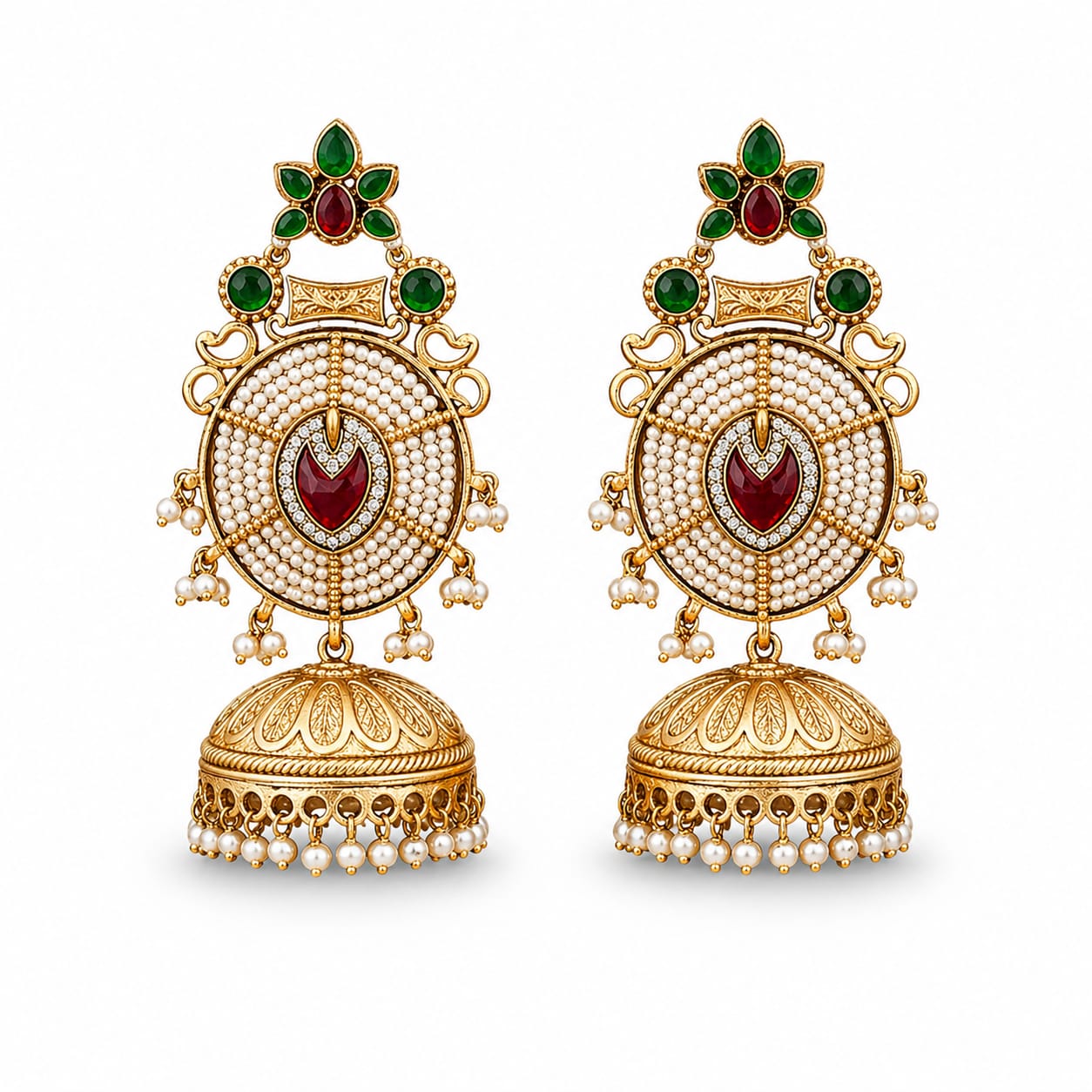 Pearl Kundan Chandbali Jhumka Earrings