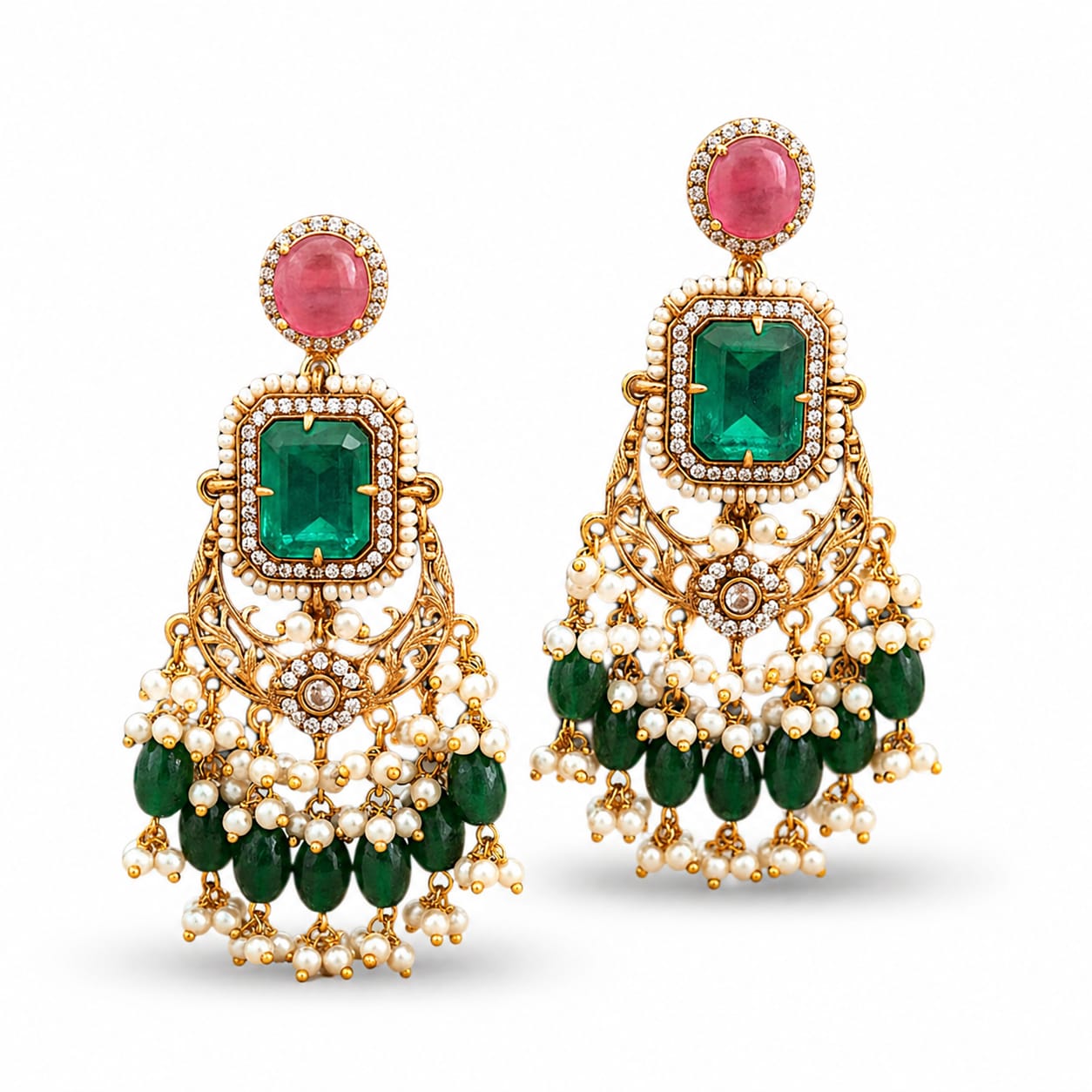 Emerald Green & Pink Stone Chandbali Earrings