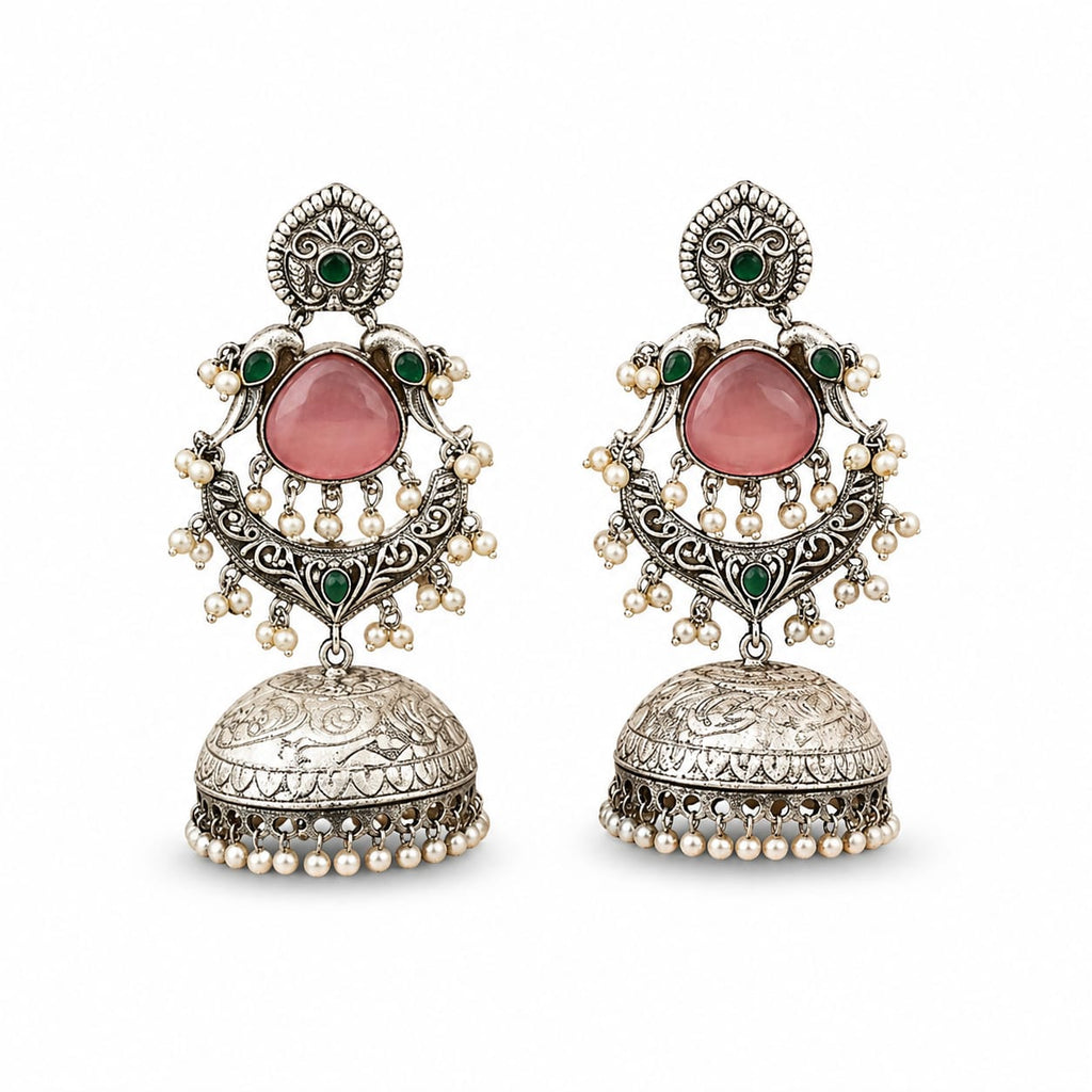 Pink Stone Peacock Chandbali Jhumka Earrings