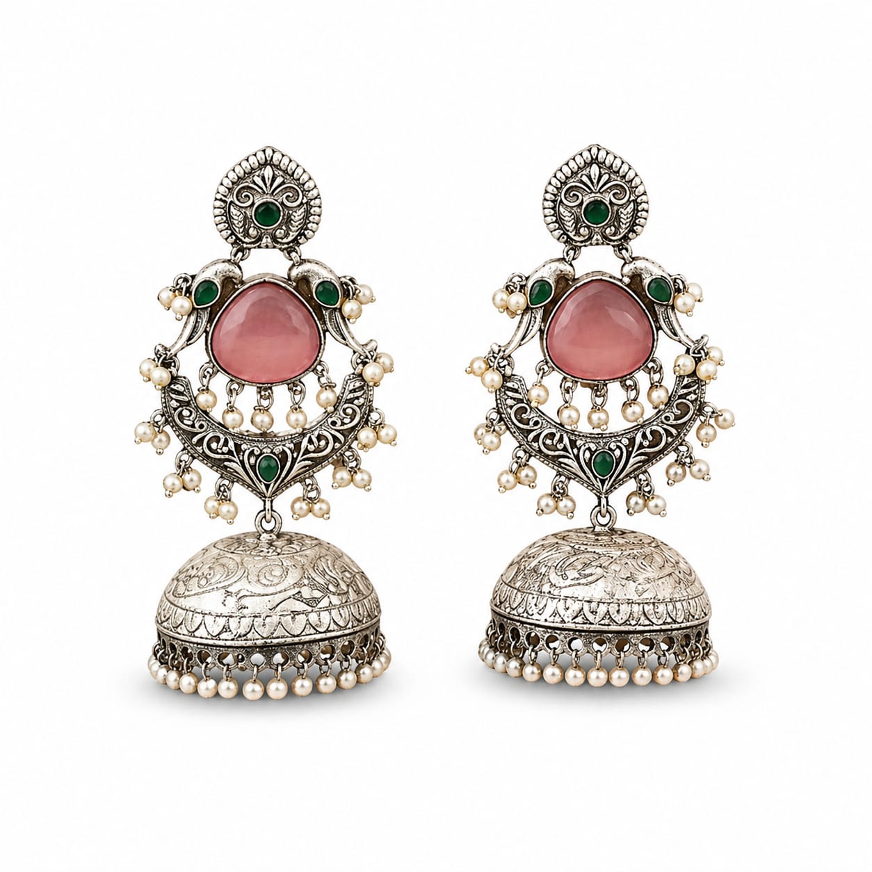 Pink Stone Peacock Chandbali Jhumka Earrings