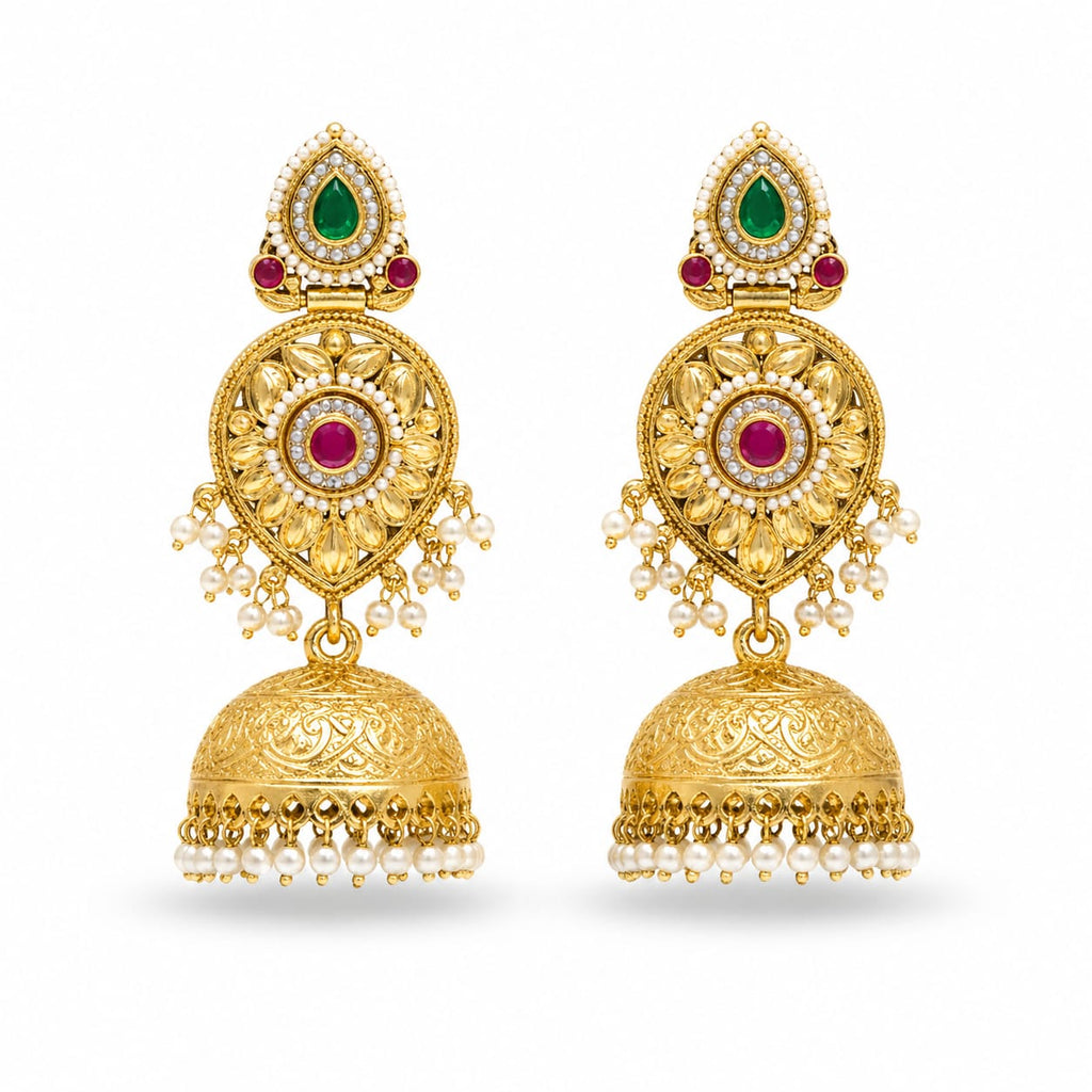 Gold Temple Chandbali Jhumka Earrings