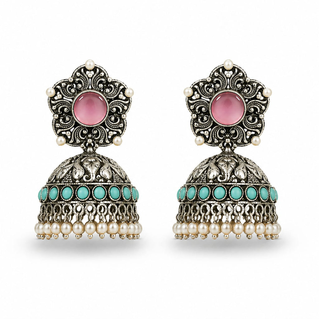 Oxidised Silver Jhumka Earrings with Pink Stone & Turquoise Beads