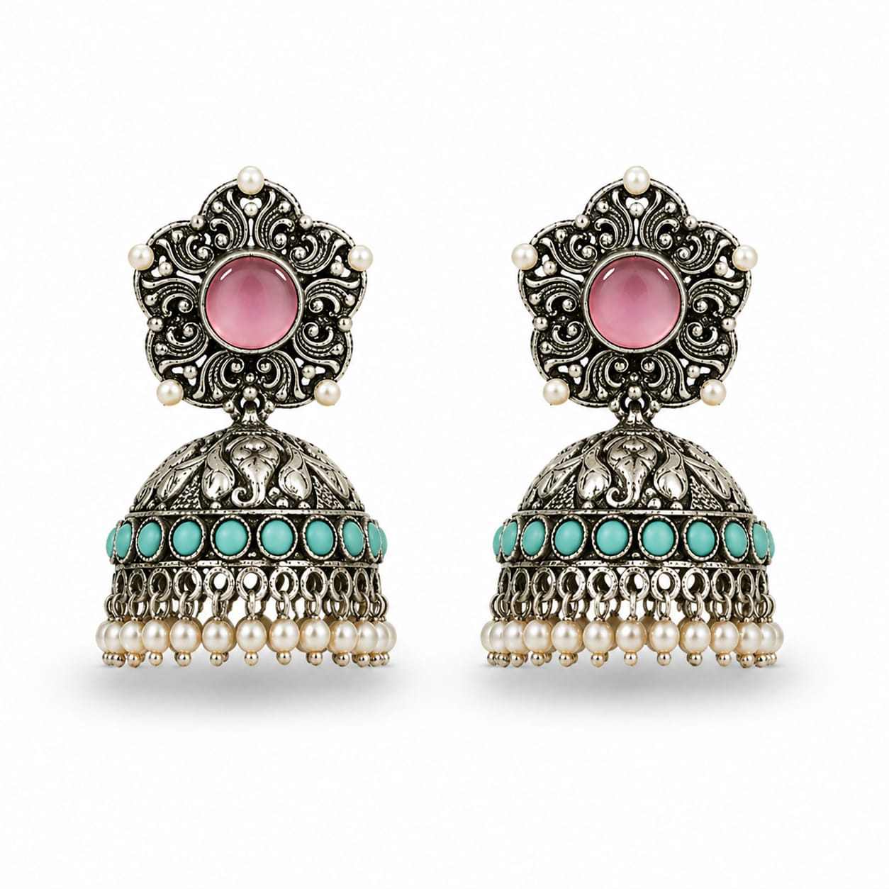Oxidised Silver Jhumka Earrings with Pink Stone & Turquoise Beads