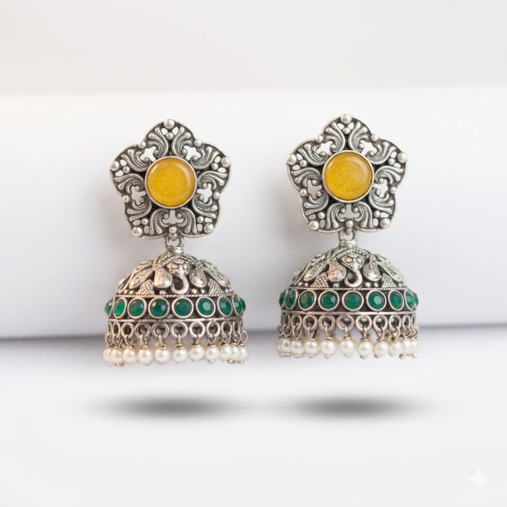 Oxidised Silver Jhumka Earrings with Yellow Stone & Green Beads