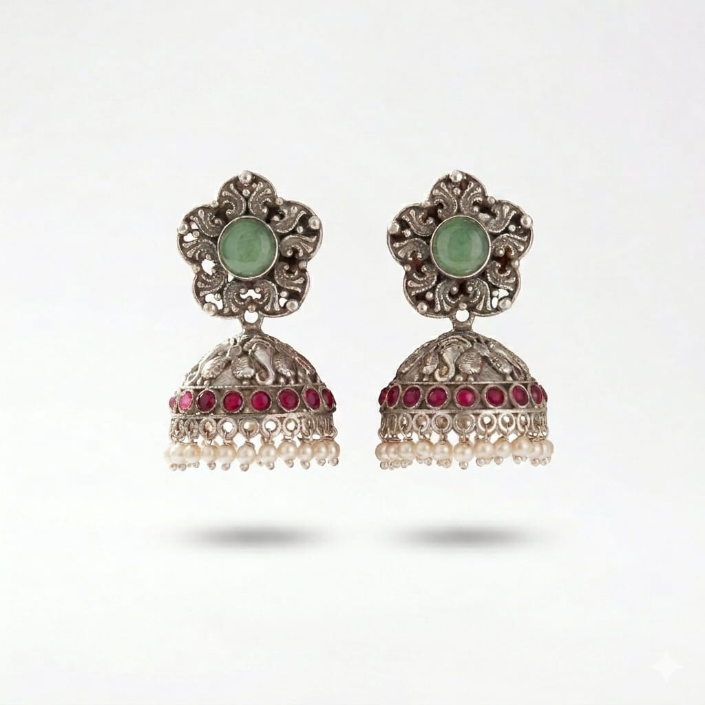Oxidised Silver Peacock Jhumka Earrings with Mint Stone & Ruby Beads