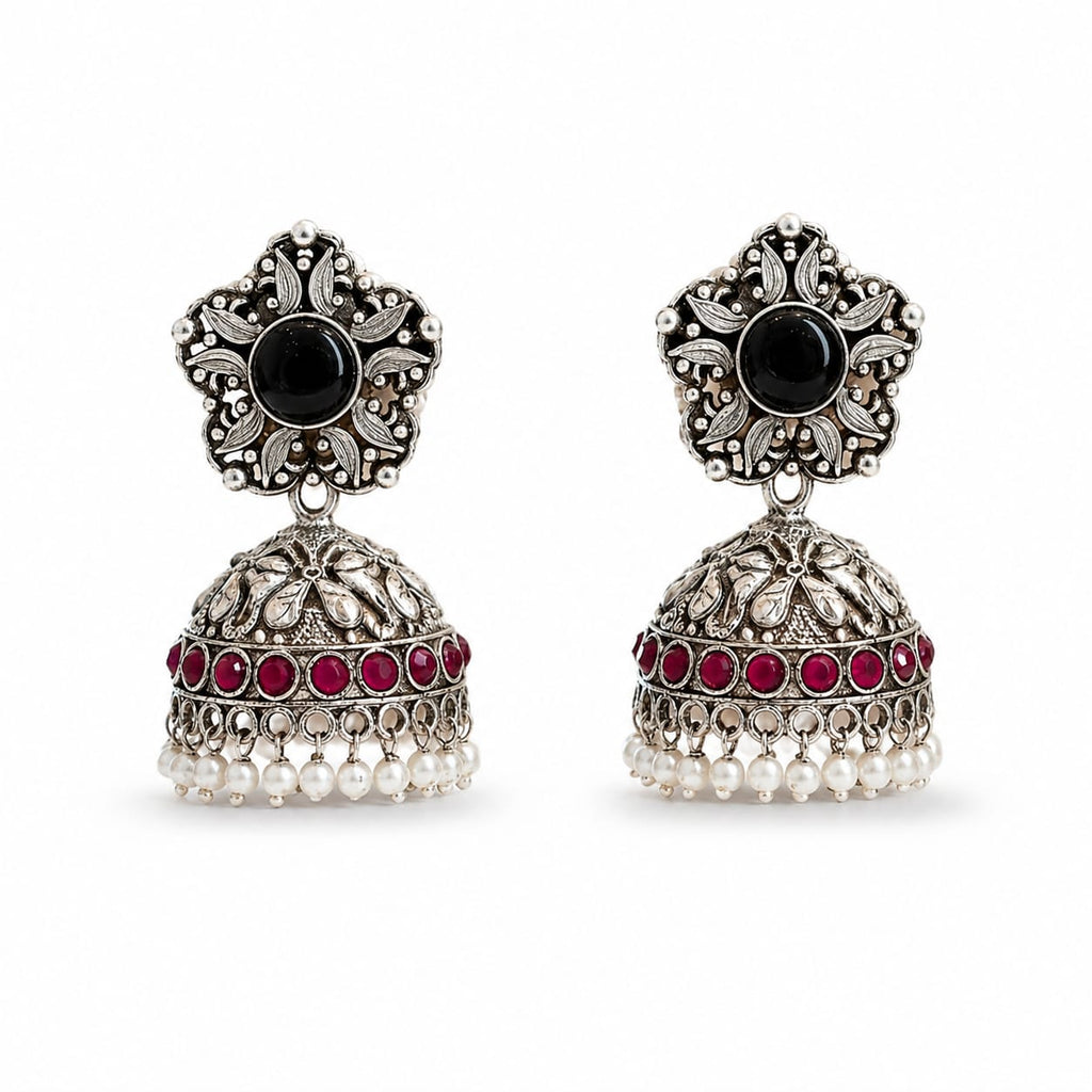 Oxidised Silver Jhumka Earrings with Black Stone & Ruby Beads