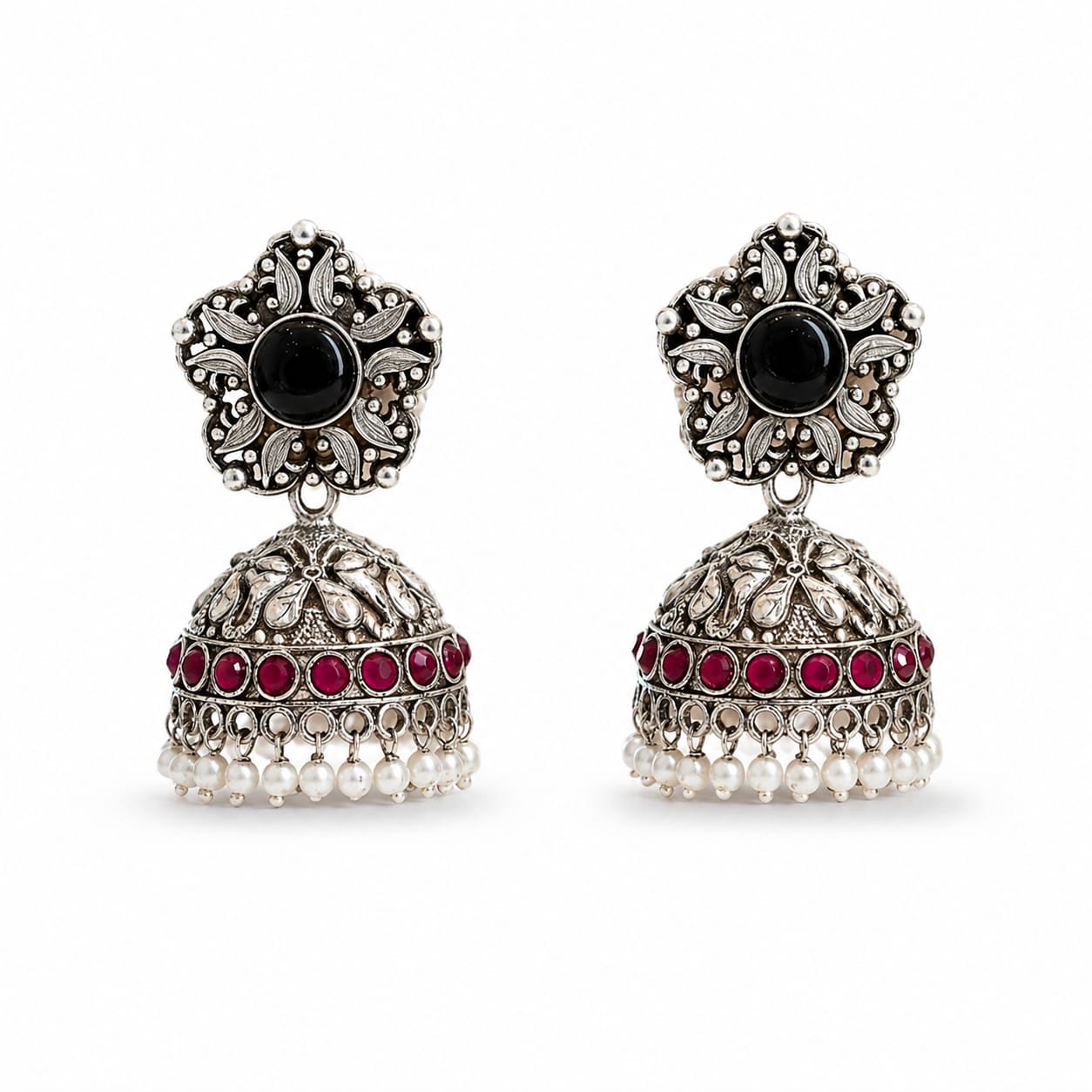 Oxidised Silver Jhumka Earrings with Black Stone & Ruby Beads