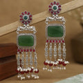 Oxidised Silver Peacock Chandbali with Green Onyx & Ruby Pearl Drops