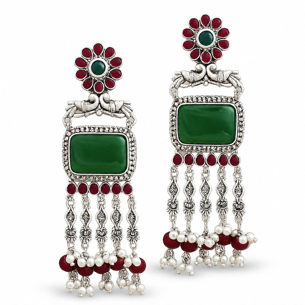 Oxidised Silver Peacock Chandbali with Green Onyx & Ruby Pearl Drops