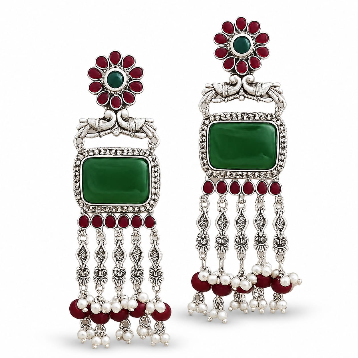 Oxidised Silver Peacock Chandbali with Green Onyx & Ruby Pearl Drops
