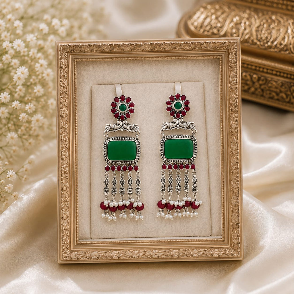 Oxidised Silver Peacock Chandbali with Green Onyx & Ruby Pearl Drops