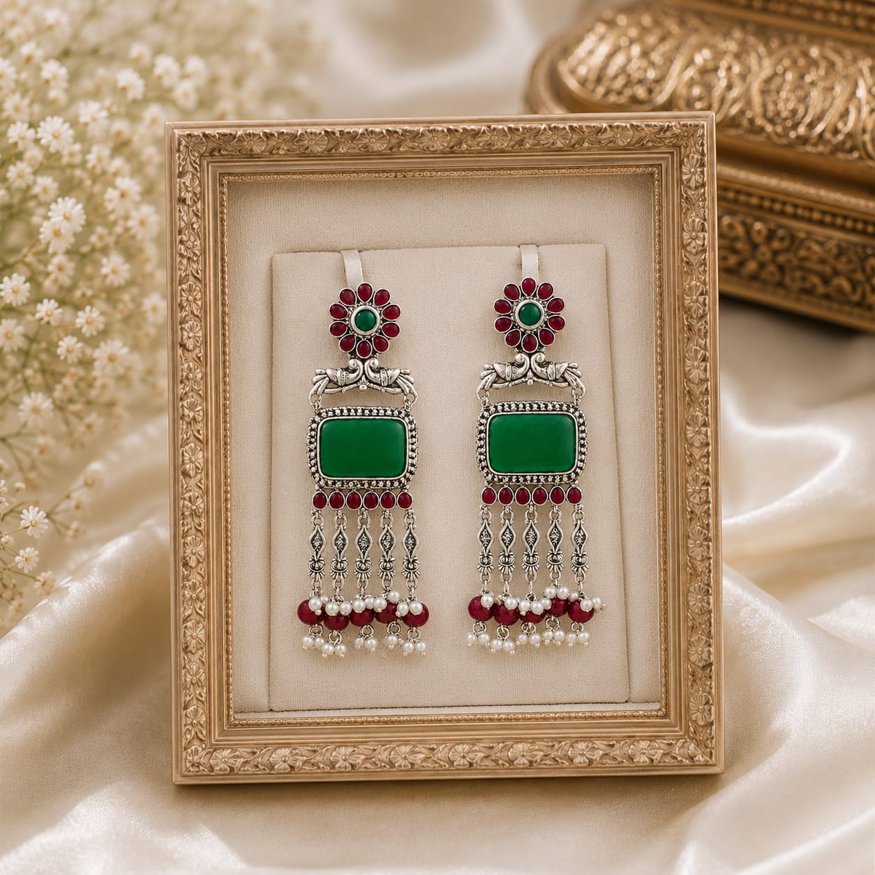 Oxidised Silver Peacock Chandbali with Green Onyx & Ruby Pearl Drops