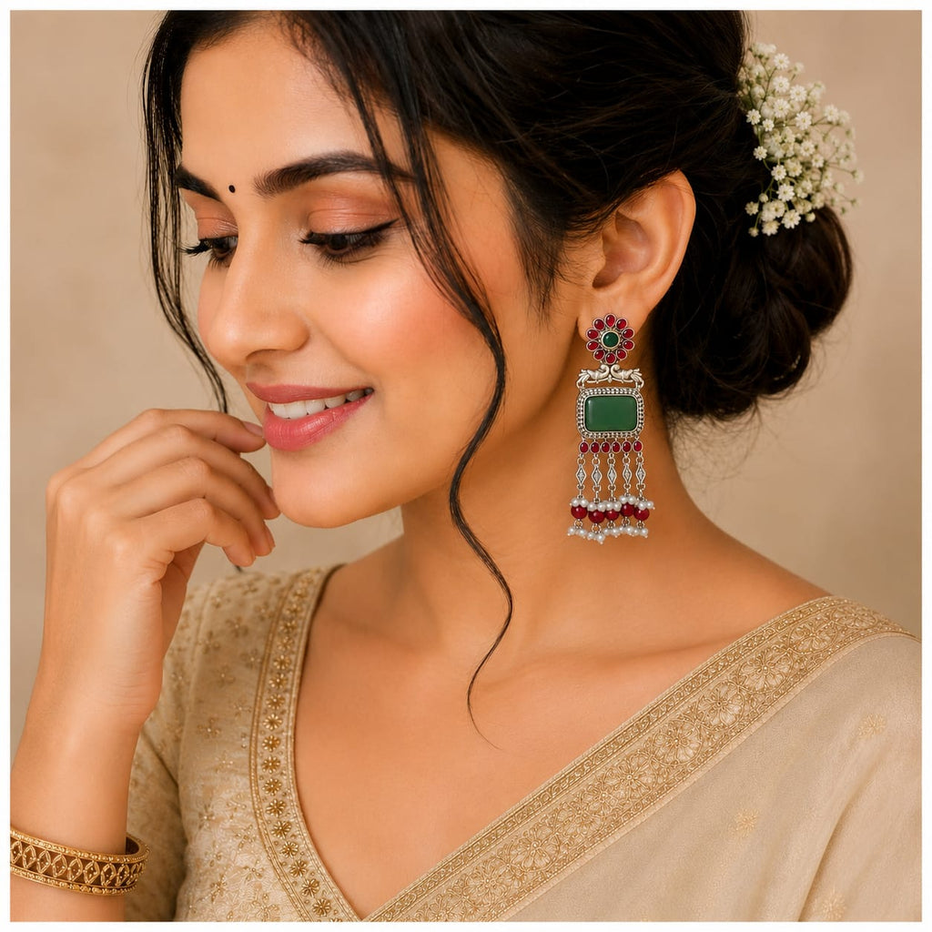 Oxidised Silver Peacock Chandbali with Green Onyx & Ruby Pearl Drops