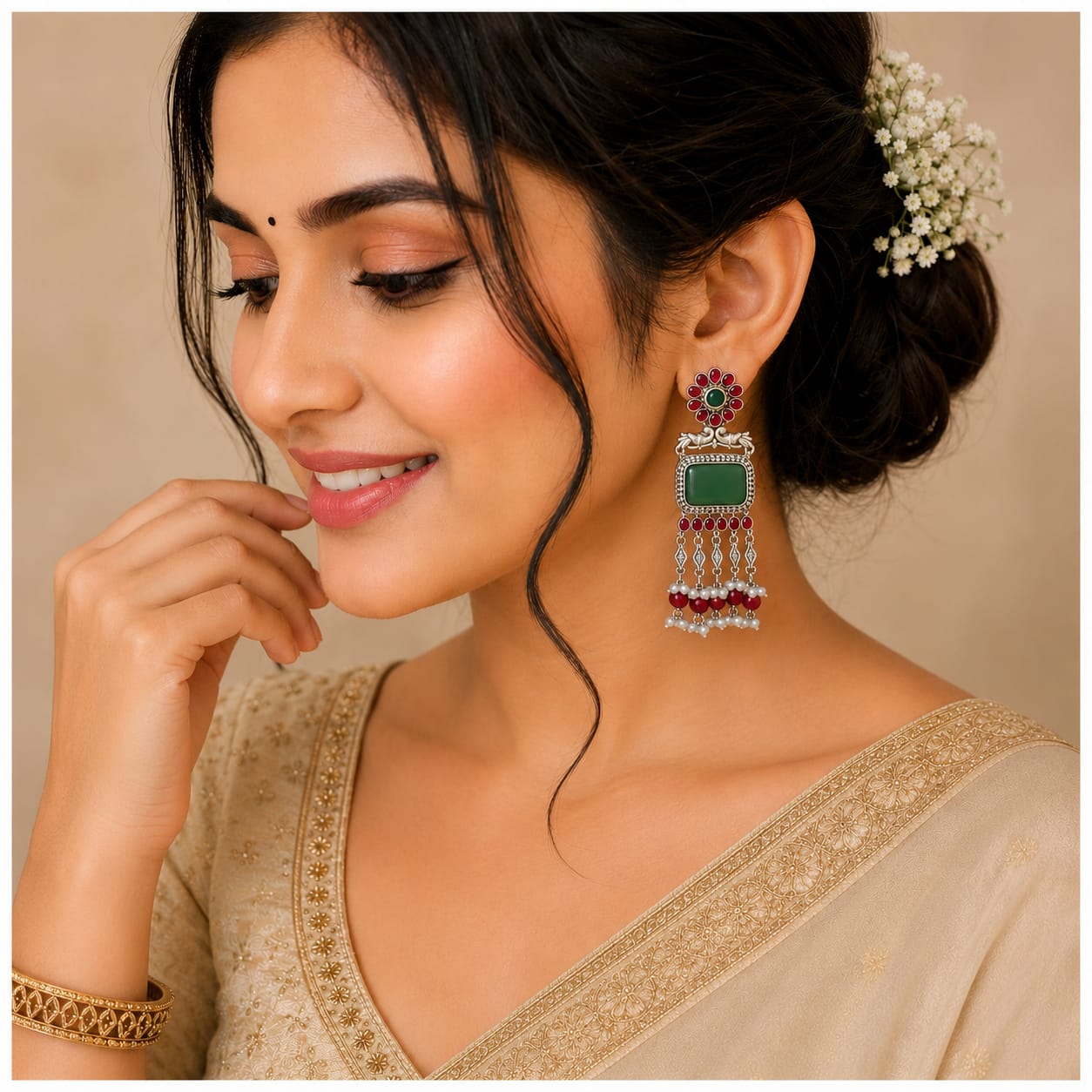 Oxidised Silver Peacock Chandbali with Green Onyx & Ruby Pearl Drops