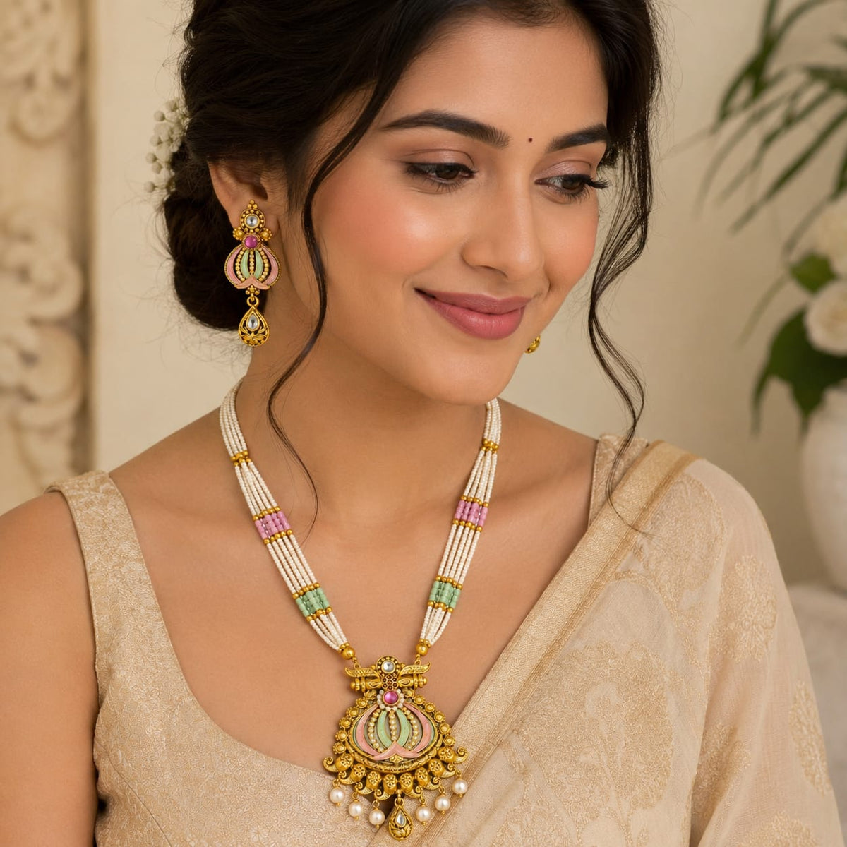 Meenakari Lotus Pendant Necklace Set with Pearl Drops & Matching Earrings