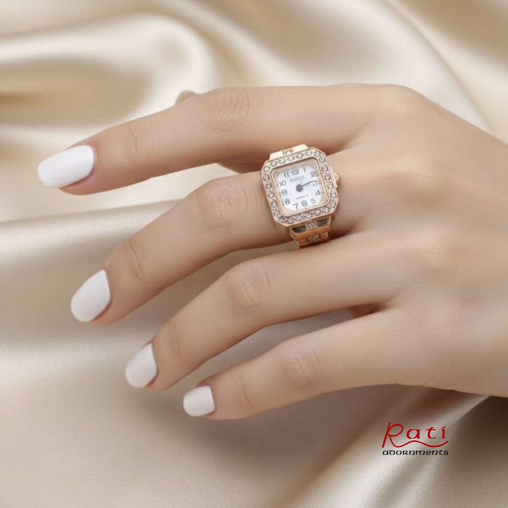 Rose Gold Square CZ Border Quartz Ring Watch – White Dial