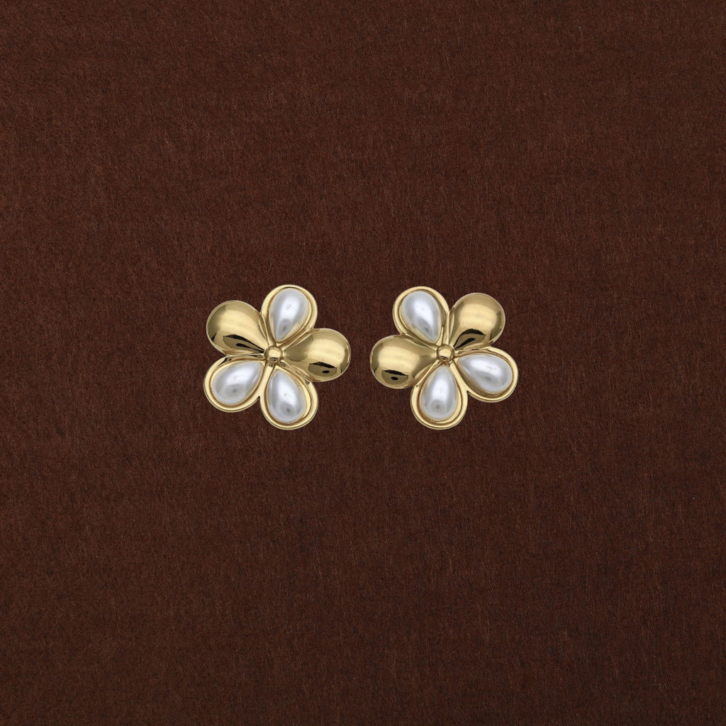 Gold Four-Petal Pearl Flower Stud Earrings