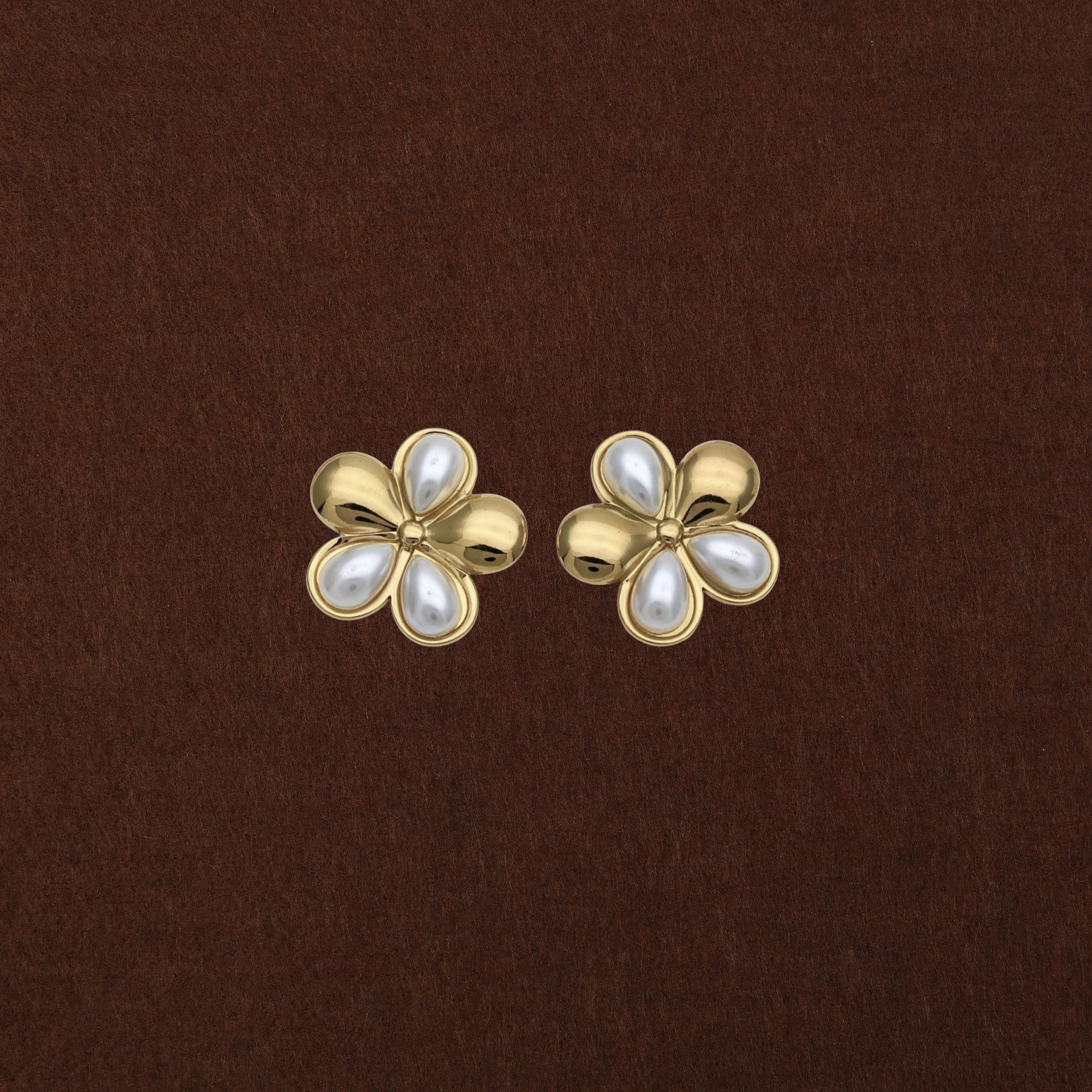Gold Four-Petal Pearl Flower Stud Earrings