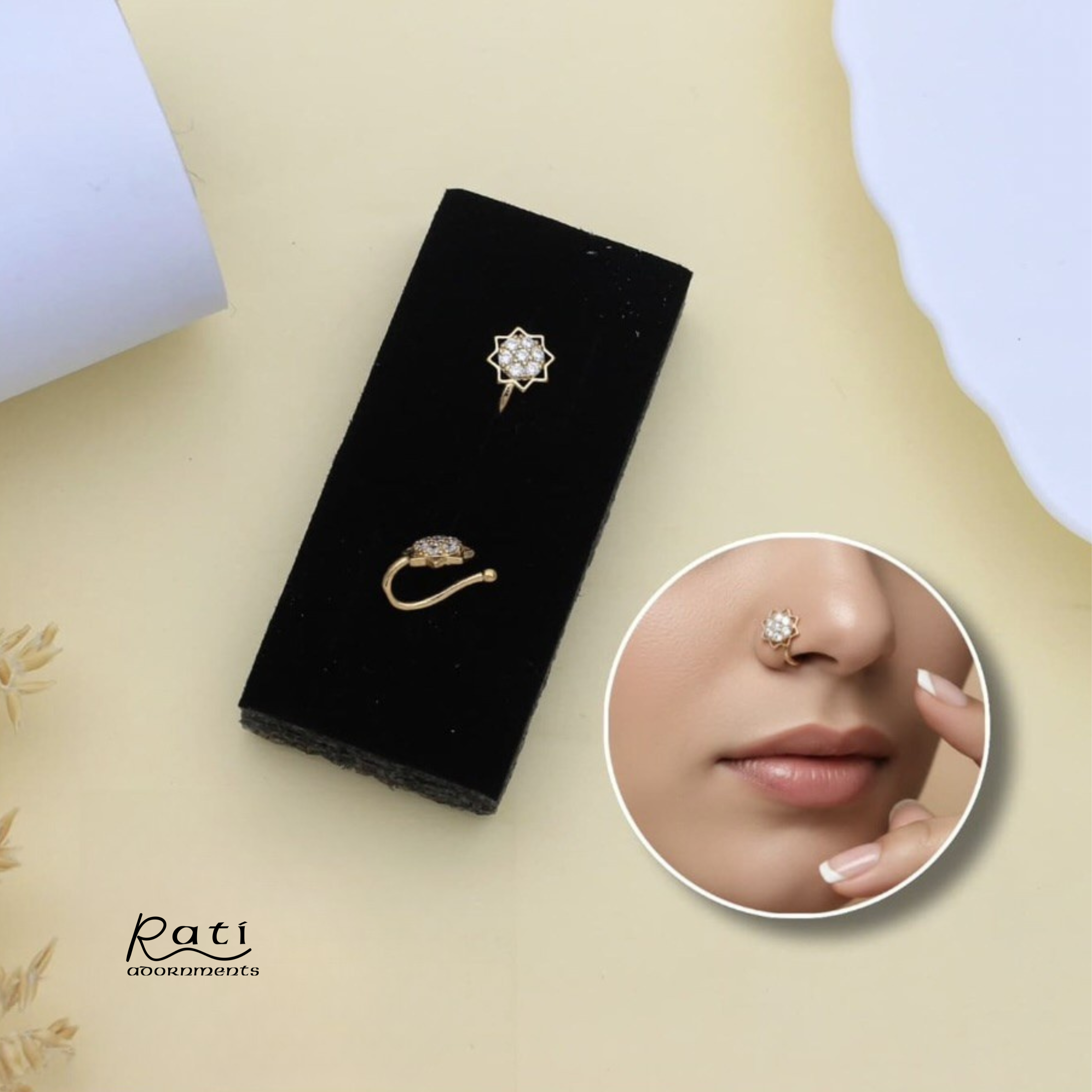 Rose Gold Flower Nose Pin with Crystal Stone