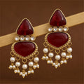 Gold Tone Ruby Cabochon Drop Earrings with Kundan & Pearl Tassels