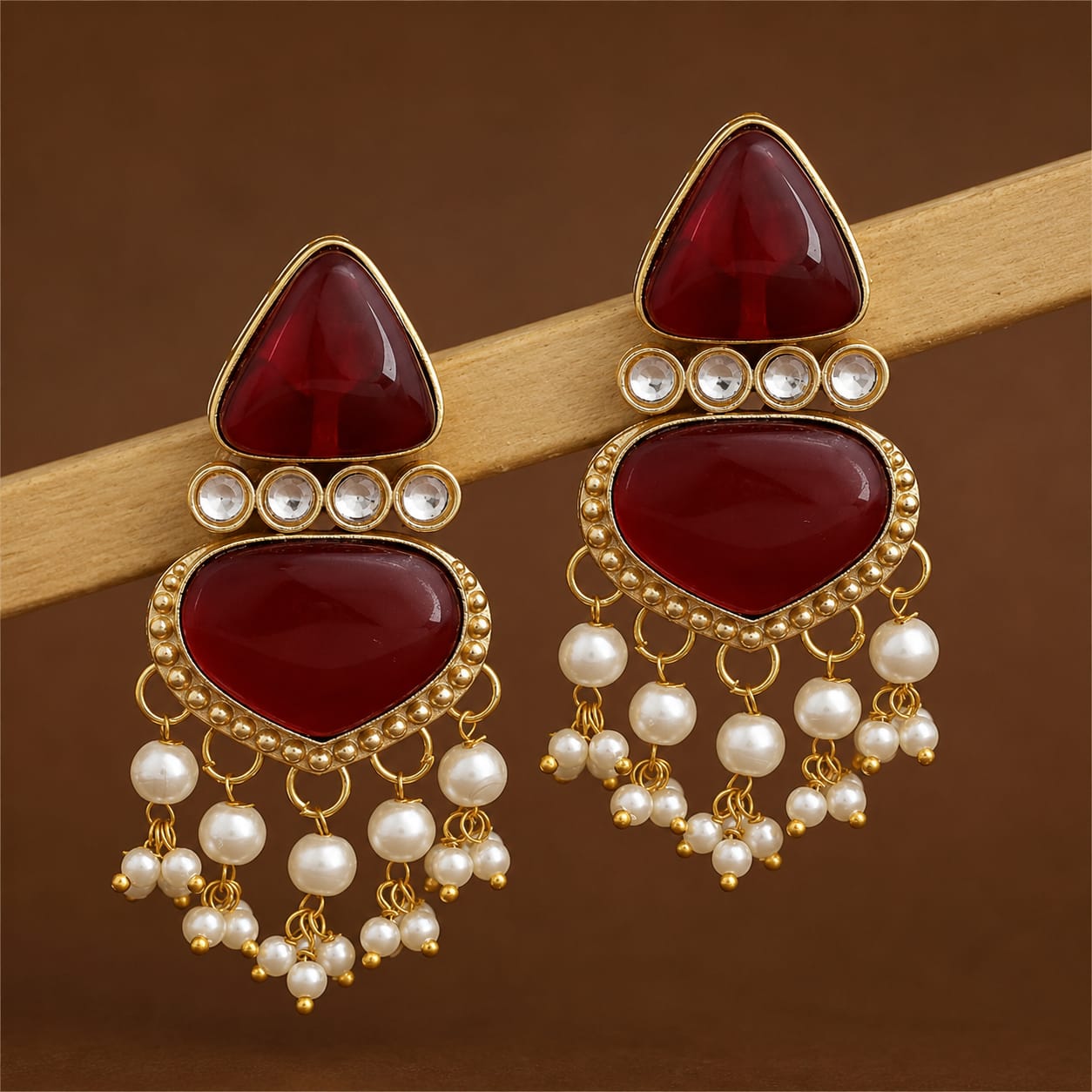 Gold Tone Ruby Cabochon Drop Earrings with Kundan & Pearl Tassels