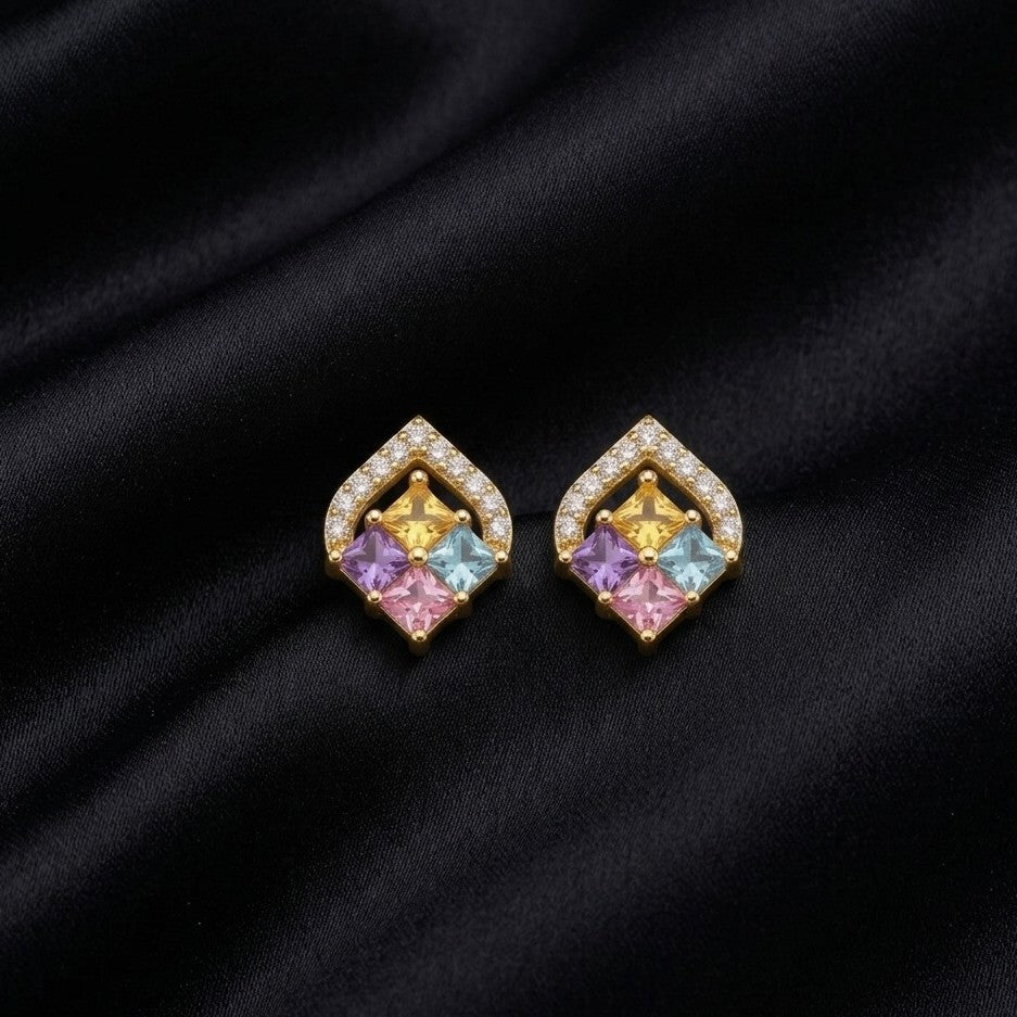 Gold Plated Multicolour Stone Stud Earrings with CZ Border