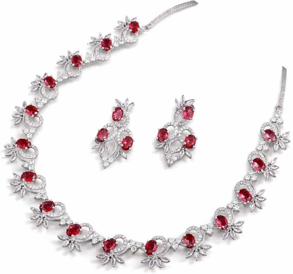 Ruby & CZ Diamond Floral Necklace & Earrings Set