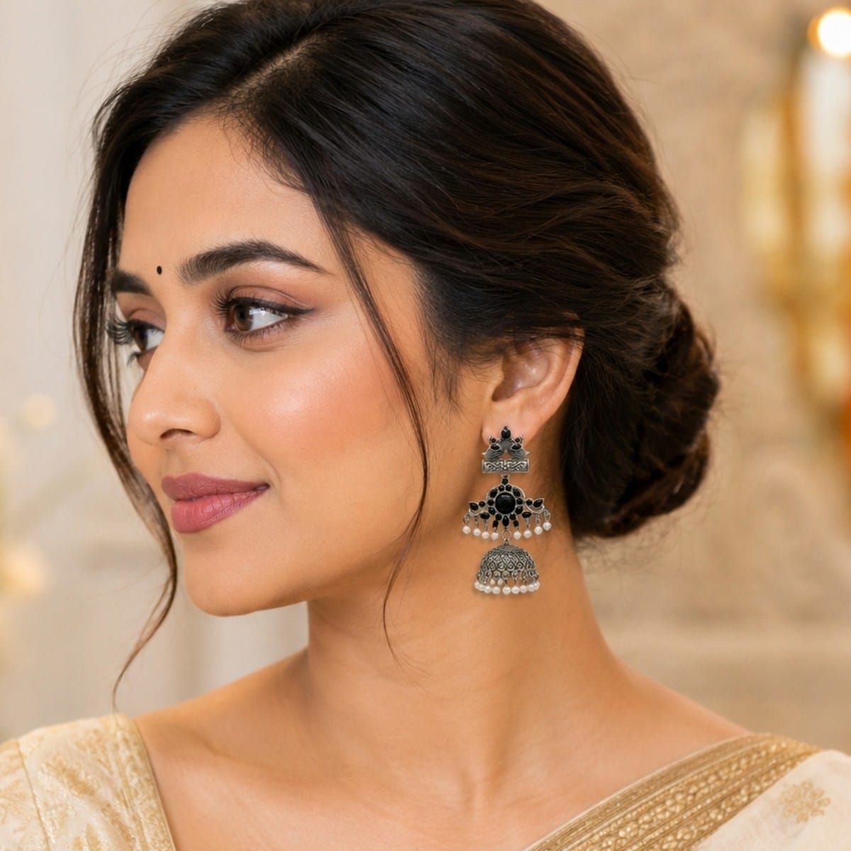 Black Peacock Jhumka Earrings in Oxidised Silver
