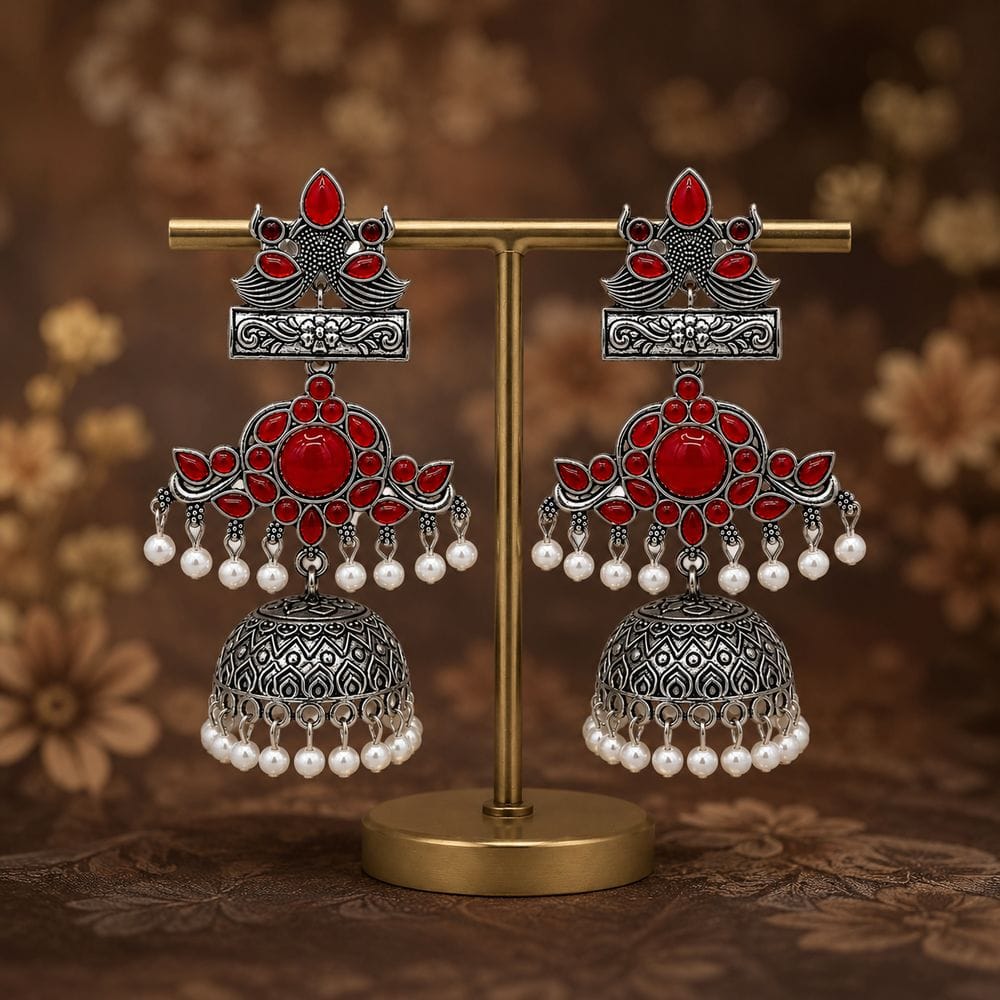 Red Peacock Jhumka Earrings in Oxidised Silver