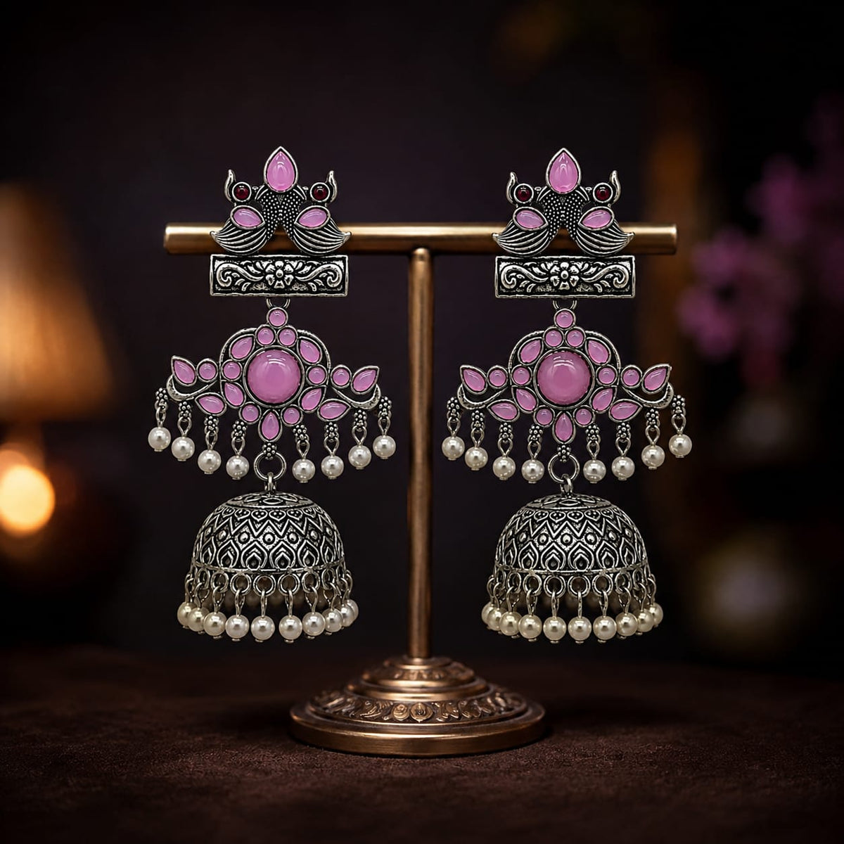 Pink Peacock Jhumka Earrings in Oxidised Silver