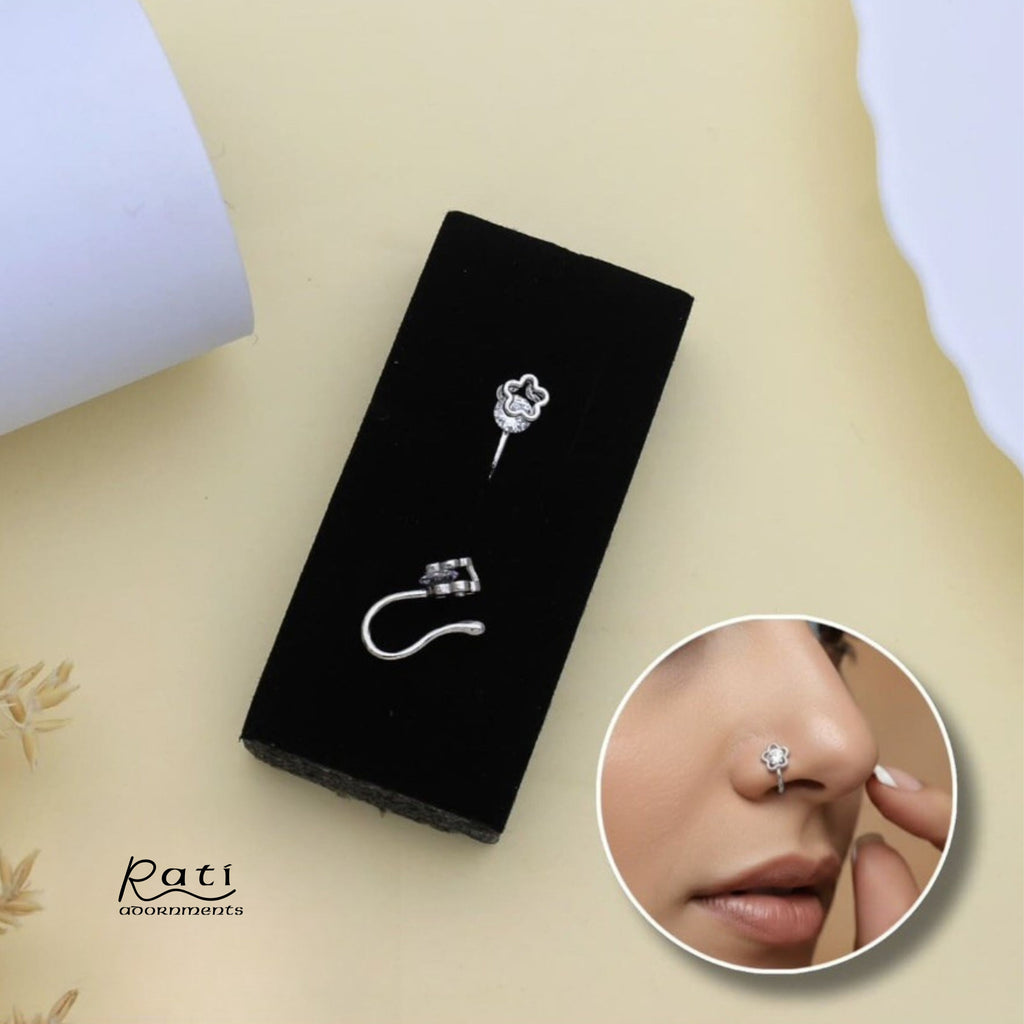 Silver Open Flower Nose Pin with CZ Centre Stone