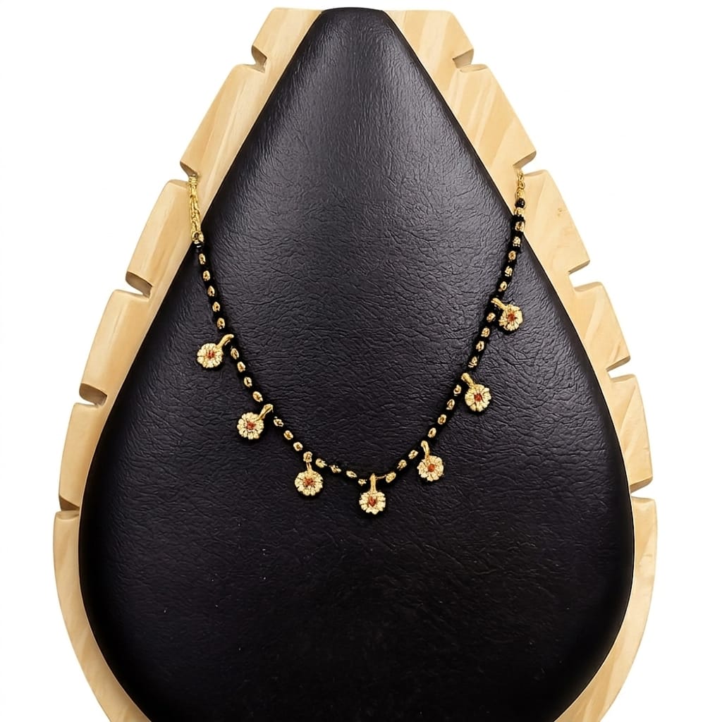 Gold Black Bead Mangalsutra with Ruby & CZ Floral Charms