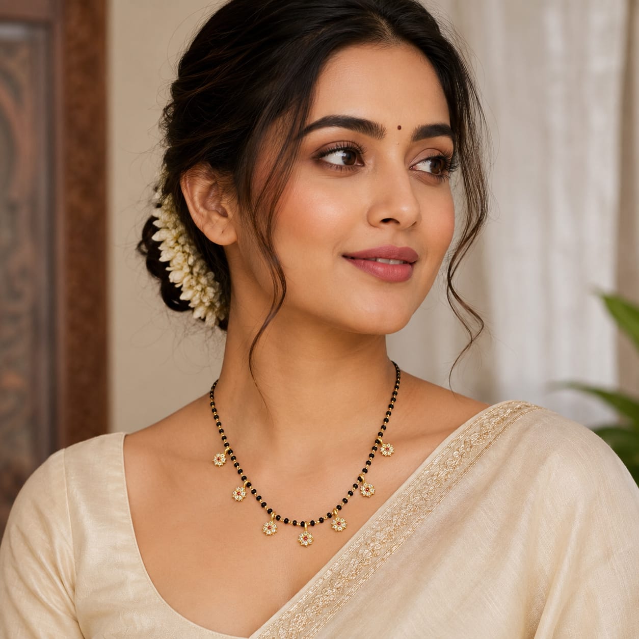 Gold Black Bead Mangalsutra with Ruby & CZ Floral Charms