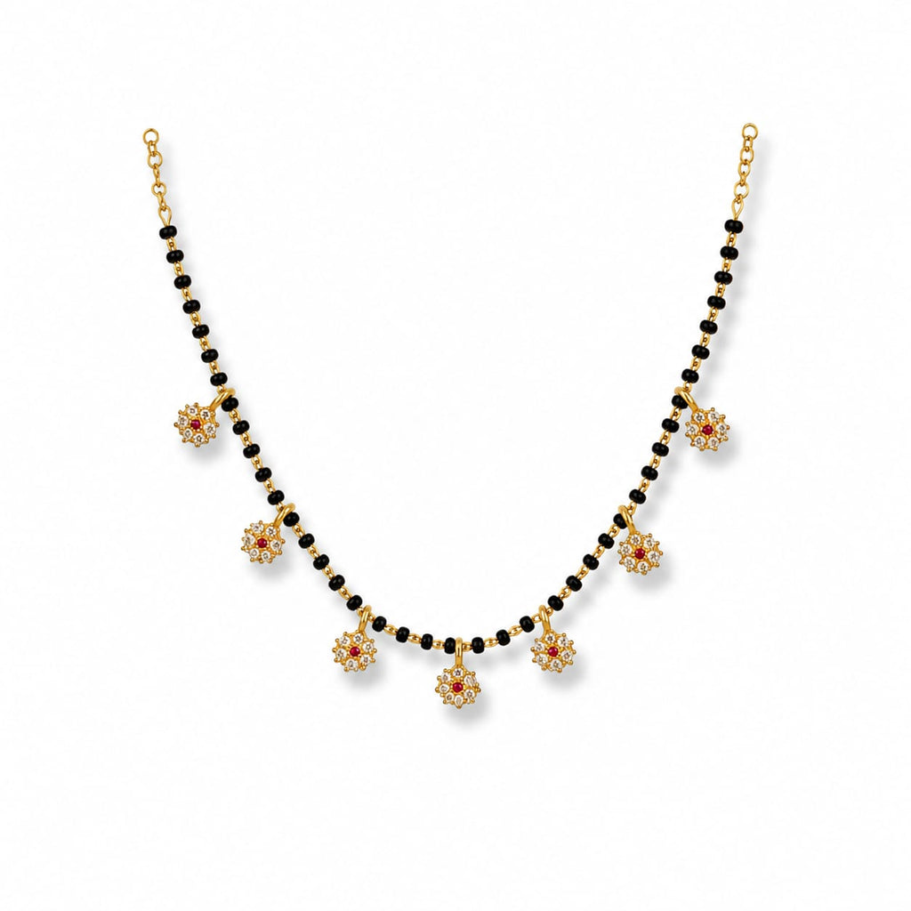 Gold Black Bead Mangalsutra with Ruby & CZ Floral Charms