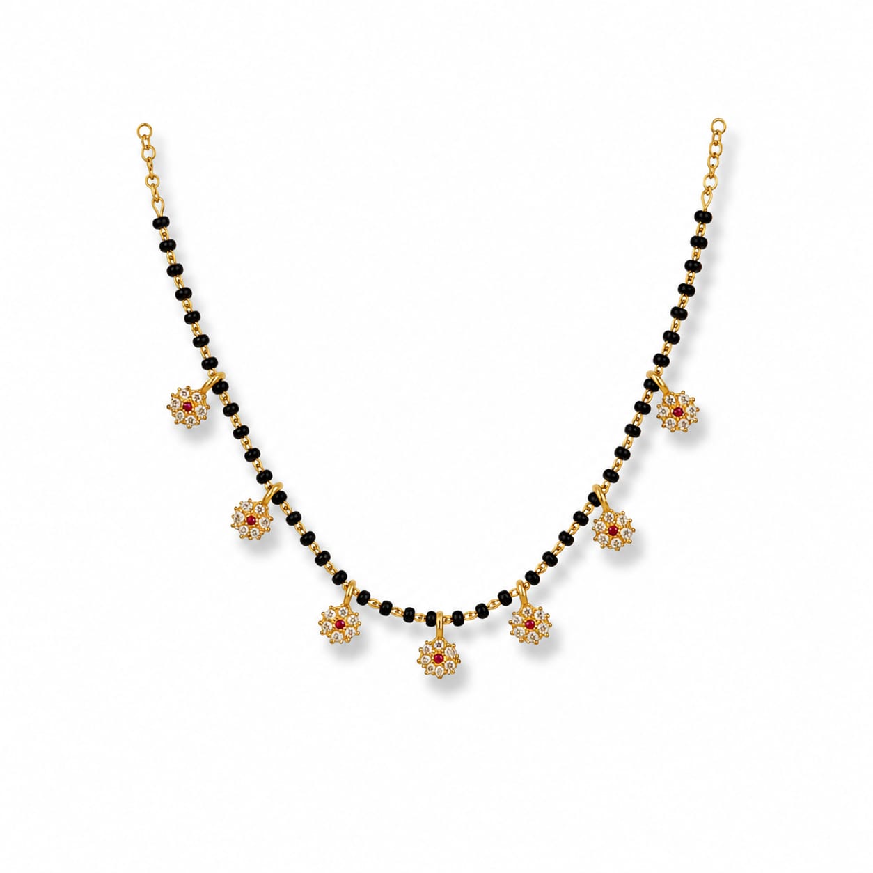 Gold Black Bead Mangalsutra with Ruby & CZ Floral Charms