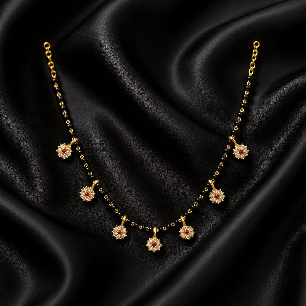 Gold Black Bead Mangalsutra with Ruby & CZ Floral Charms