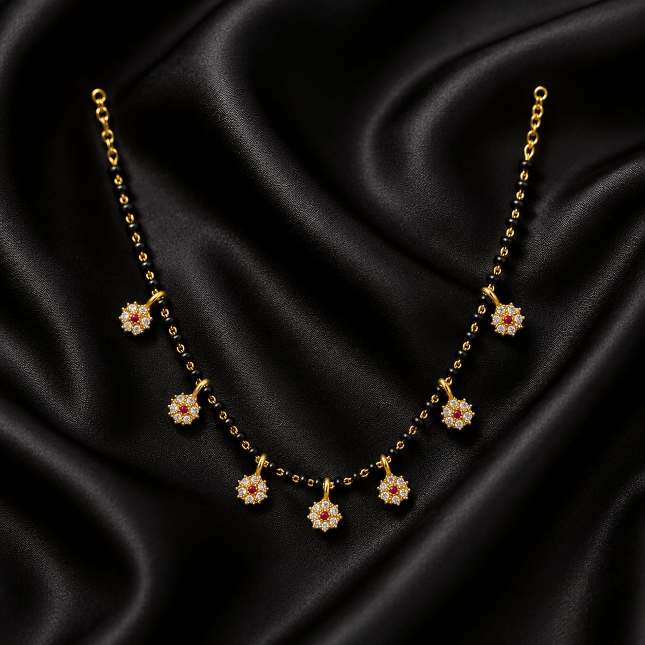 Gold Black Bead Mangalsutra with Ruby & CZ Floral Charms
